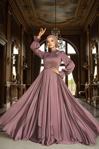Neva Style فستان سهرة حجاب بني بأكمام بالونية 21910kh