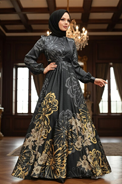 Neva Style Patterned Satin Black Hijab Evening Dress 3432S