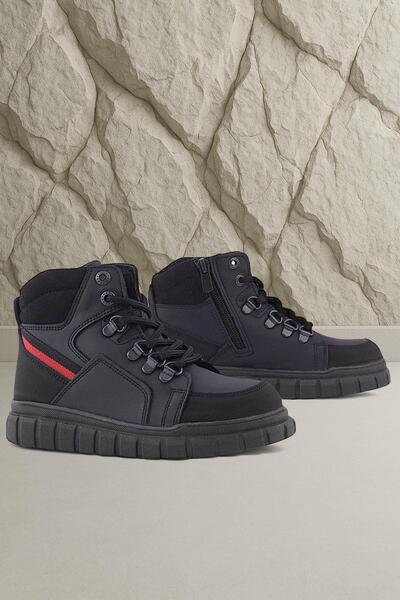 Rakerplus Genuine Leather Black Red Zippered Boys' Boots