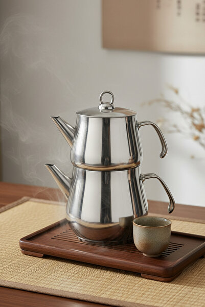 YUNUSOĞLU HOME Aletta Büyük Boy Paslanmaz Çelik Çaydanlık Metal Kulp Aile Boy Kullanım 1.6L+2.5L