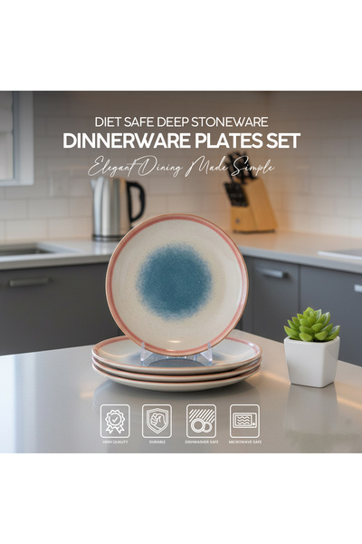 VAV GET 4-Piece Deep Stoneware Dinner Plates Set, 21cm / 8.5inch, Microwave & Dishwasher Safe