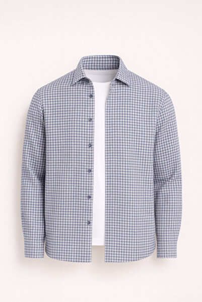 Valiberta Jonas Ekose Küçük Kareli Relaxed Fit %100 Pamuklu Flanel Kumaş Erkek Gömlek - Taş