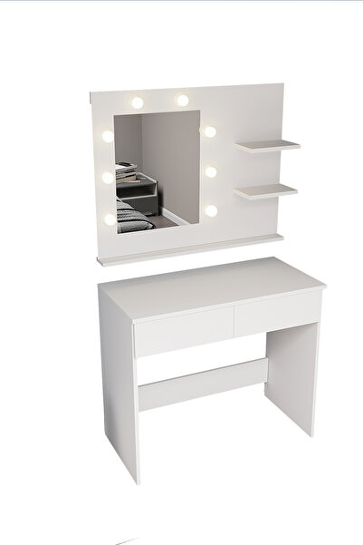 dekor fim DF02111B Holywood LED Işıklı Aynalı Beyaz 2 Bölmeli Çekmeceli Yatak Odası Makyaj Kozmetik Masası