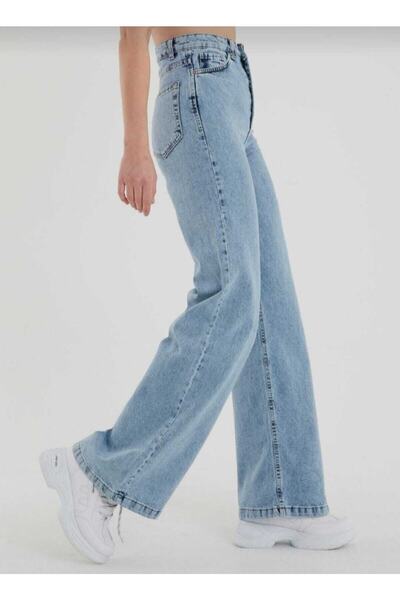 Livik Τζιν Palazzo 90's με Καρ Υφάσμα, Μπλε Χρώμα, Σούπερ Ψηλόμεσο και Φαρδιά Μπατζάκια.