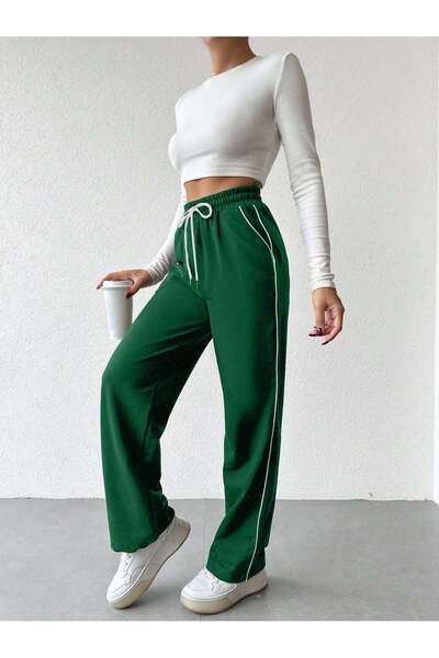 Miyalon Γυναικείο παντελόνι με ελαστική μέση με ρίγες στο πλάι και τσέπες, μαύρο unisex φαρδύ παντελόνι με φαρδύ πόδι