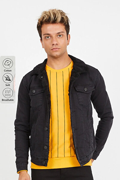 Serseri Erkek Kürklü Eskitmeli Kışlık Füme Kot Ceket