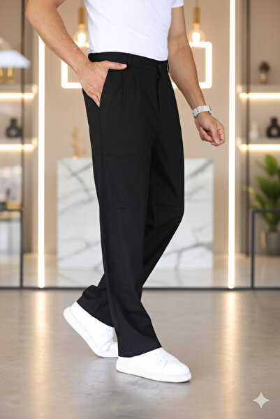 Mamlay Baggy Çift Pileli SİYAH Renk Beli Lastikli Kaliteli Rahat Kesim Klasik Bol Paça Baggy Pantolon