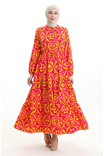 sefamerve Φόρεμα από ύφασμα βισκόζης με κορδόνια στη μέση 7134-04 Φούξια