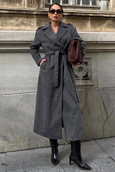 Olcay Epaulette Detailed Snap Closure Oversize Mohair Coat Anthracite 3147