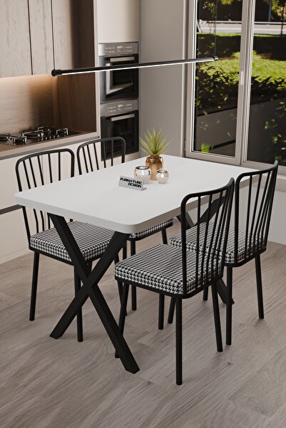 FurnatureDesign Yemek Masası Takımı X Ayaklı Çift Kalınlık Yemek Masası 70x110 + 4 Adet Sandalye - Beyaz