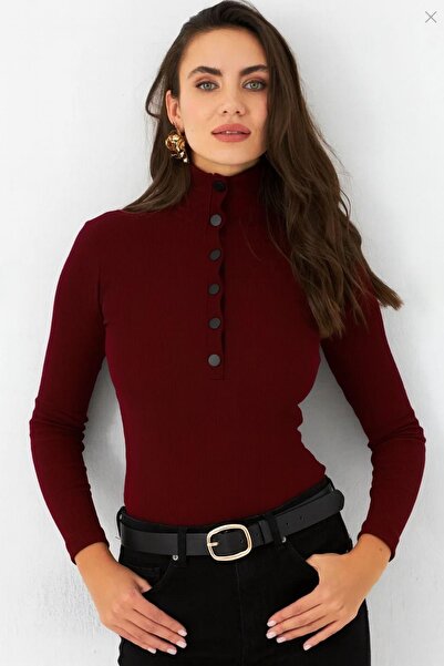 Cool & Sexy Women's Burgundy Snap Fastener Ribbed Knit Blouse Ey2983