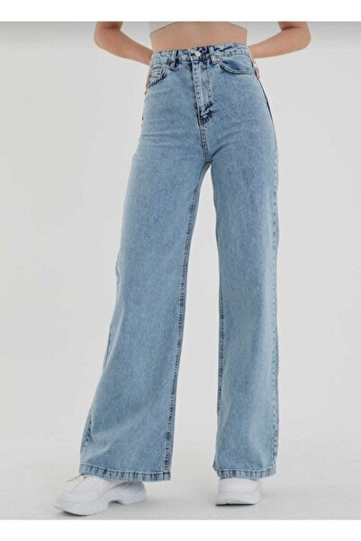 Livik Τζιν Palazzo 90's με Καρ Υφάσμα, Μπλε Χρώμα, Σούπερ Ψηλόμεσο και Φαρδιά Μπατζάκια.