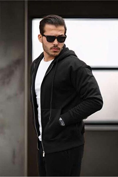 Valiberta İçi Peluş Üç İplik Kumaş Oversize Fermuarlı Kapüşonlu Sweatshirt- Siyah