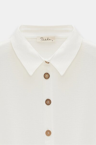 Saade White Women's Shirt Collar Wooden Buttoned Collage Elastic Aerobin Woven Tunic - Regular Fit