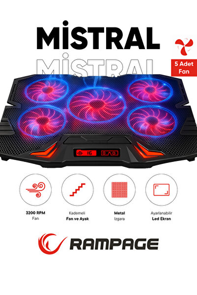 Rampage Mistral S45 Kırmızı Led 5fan Yükseklik Ayarlı Lcd Notebook Soğutucu Laptop Soğutucu 12/17