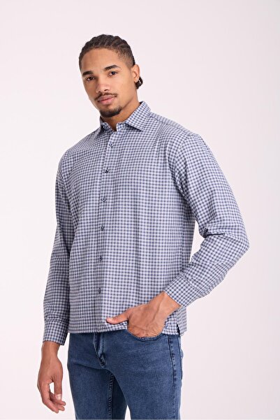 Valiberta Jonas Ekose Küçük Kareli Relaxed Fit %100 Pamuklu Flanel Kumaş Erkek Gömlek - Taş