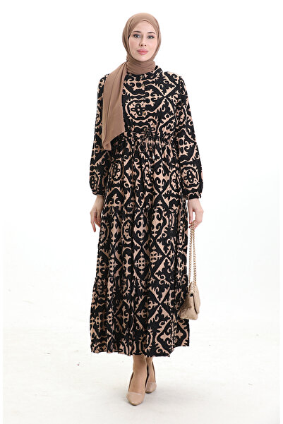 sefamerve Φόρεμα από ύφασμα βισκόζης με κορδόνια στη μέση 7134-02 Mink