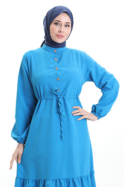 sefamerve Beli Lace-Up Half Button Dress 0182-03 Turquoise