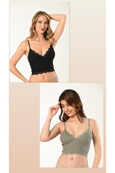 Defnem 2'li Crop Takım Askılı Dantelli Pedli Büstiyer Bluz