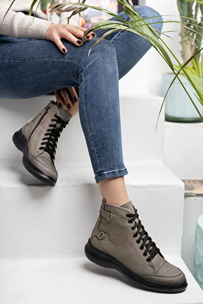 Diego Carlotti Hakiki Deri Fermuarlı Günlük Bağcıklı Kısa Kadın Bot / Bootie