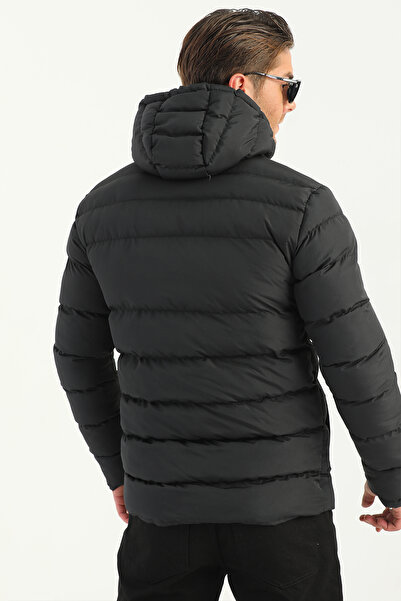 D1fference Černý pánský nafukovací kabát s kapucí a větruodolnou podšívkou