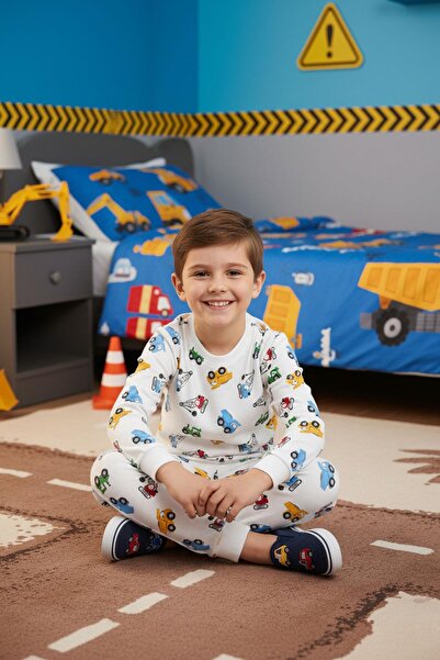 NEWKİDS Tractor Patterned White Boys Cotton Transitional Pajama Set