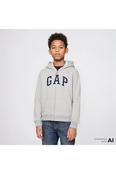 GAP Erkek Çocuk Gri Relaxed Logo Fermuarlı Sweatshirt