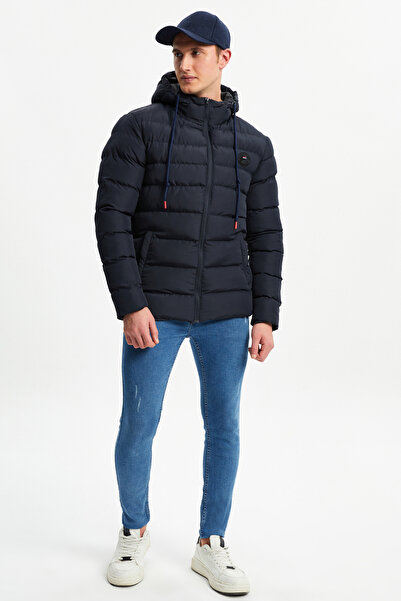 D1fference Pánský zimní nafukovací sportovní kabát s kapucí a silnou podšívkou v tmavě modré barvě