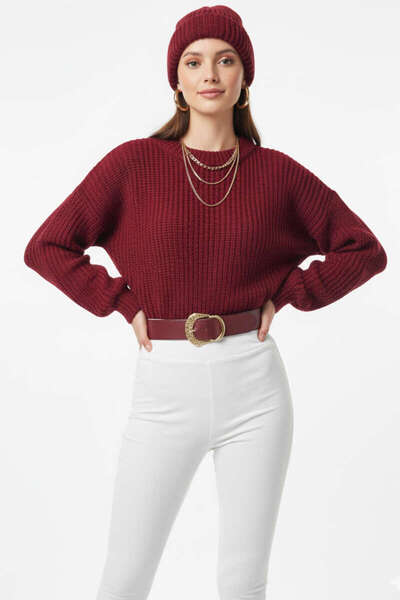 Gloksinya Butik Kadın Bordo Selanik Örgü Oversize Crop Kazak