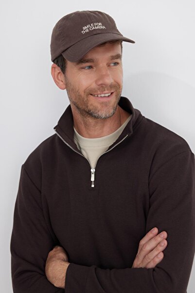 Tudors Unisex Relax Fit Rahat Kesim Pamuklu İçi Polarlı Yarım Fermuarlı Kahverengi Dik Yaka Sweatshirt