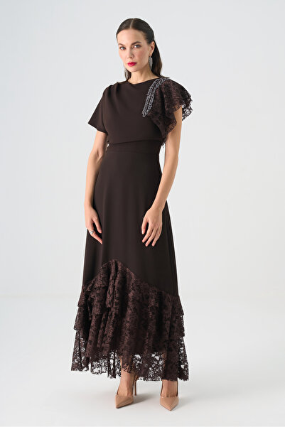 Dizayn Ella Dantel Detaylı Asimetrik Kesim Midi Elbise EL-4449