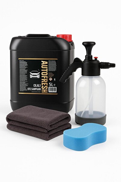 AutoFresh Profesyonel Oto Yıkama Seti (5L Şampuan + Köpük Pompası + Mikrofiber Havlu + Sünger)