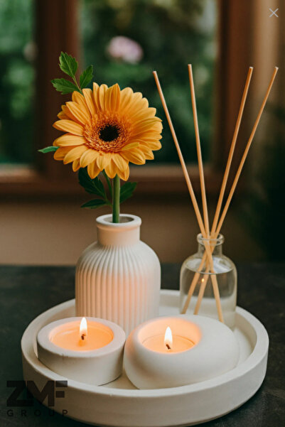 Akronistone Dekoratif 5li Set Tepside Vazo, Sandal Ağacı Kokulu Mum, Tealight...