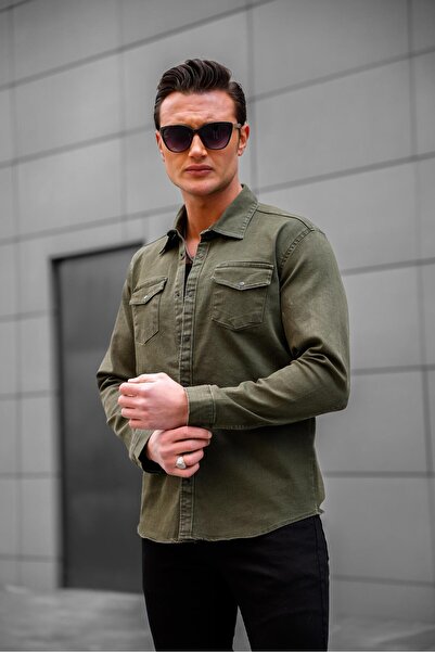 Serseri Double Pocket Khaki Jeans Shirt - Snap Button
