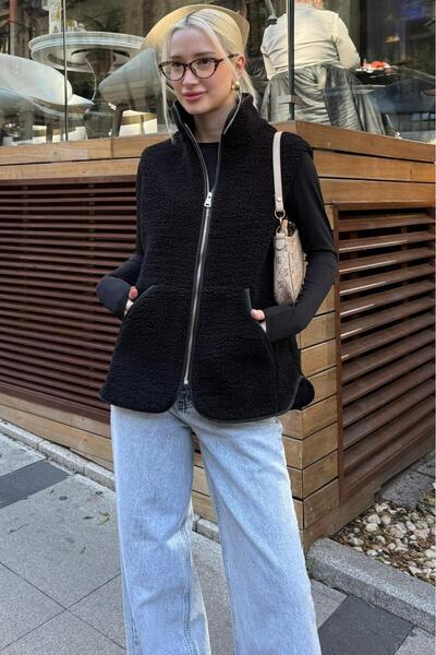 Madmext Black Mock Neck Women's Plush Vest Mg2578