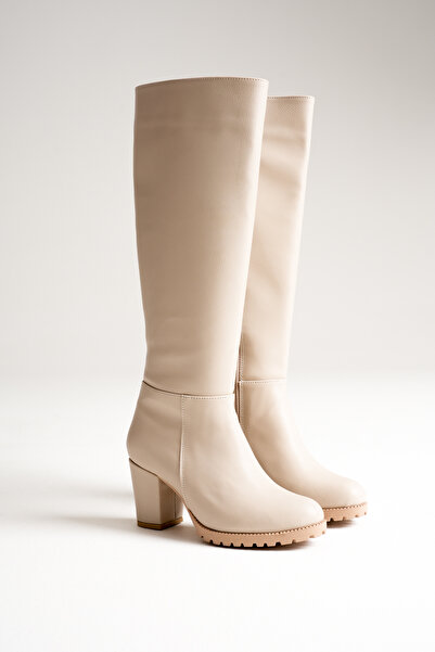 Ayakkabı Delisiyim Μπεζ δερμάτινες γυναικείες μπότες με φερμουάρ και χοντρό τακούνι Live