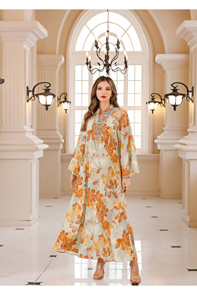 SEVENTEEN KSA فستان طويل بطبعة أوراق الخريف بأكمام واسعة