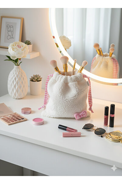 Sumicorn Design Kurdele Peluş Pötikareli Astarlı Büzgülü Ipli Düzenleyici Kese Makyaj Çantası