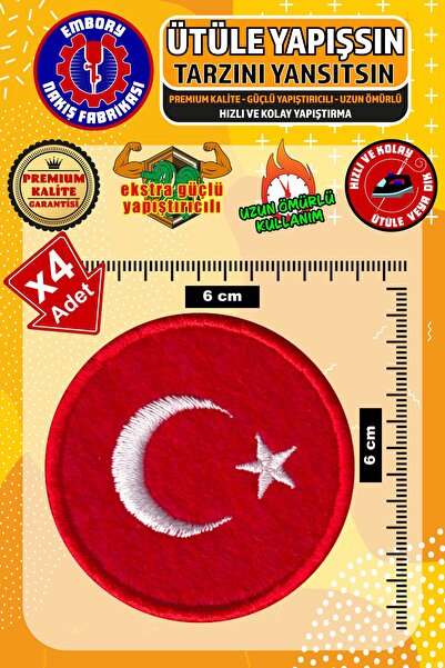 Embory Ütü ile Yapışan Arma Yama, Türk Bayrağı Yuvarlak (4 ADET) Ütüyle Yapış...