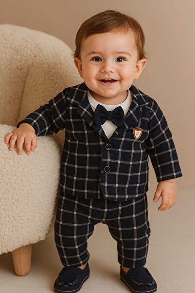 Elci Baby Erkek Bebek Takım %100 Pamuklu 3’lü Set – Ceket, Pantolon ve Papyonlu Badi