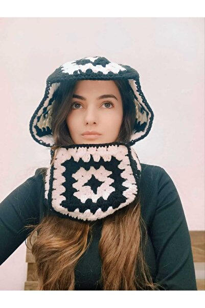 Nympha Knitted Balaklava, Motifed Two Color Scarf Beanie, Balaclava