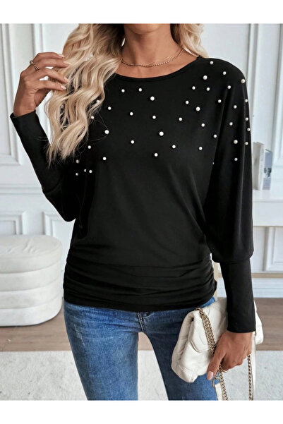 Butik Women's Long Sleeve Round Neck Pearl Viscose Blouse