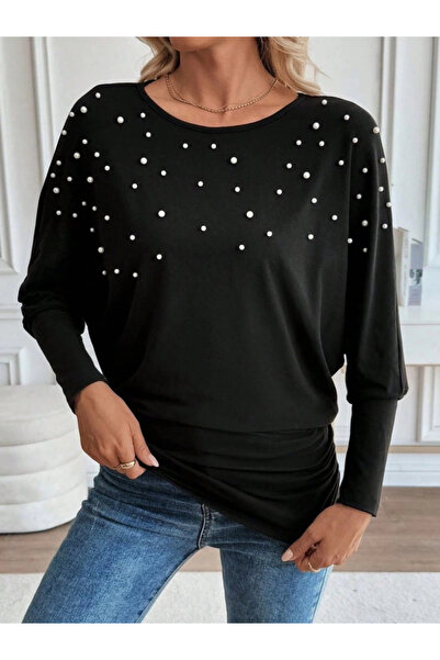 Butik Women's Long Sleeve Round Neck Pearl Viscose Blouse