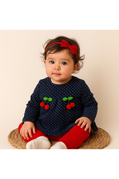 caliskanonline Kiraz Aksesuarlı puantiyeli Kız Bebek Takım 3-6-9 Aylık