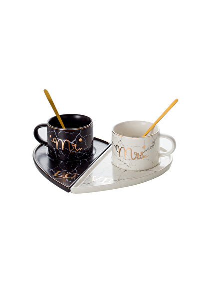 Malooki Set of 2 coffee cups with heart-shaped holder - Love, Mr & Mrs