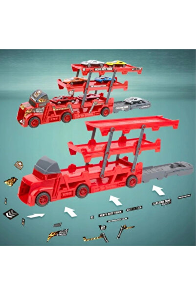 varioshop Transport Truck with 6 Cars, Launcher, 3-Level Foldable Trailer (Red/Black)