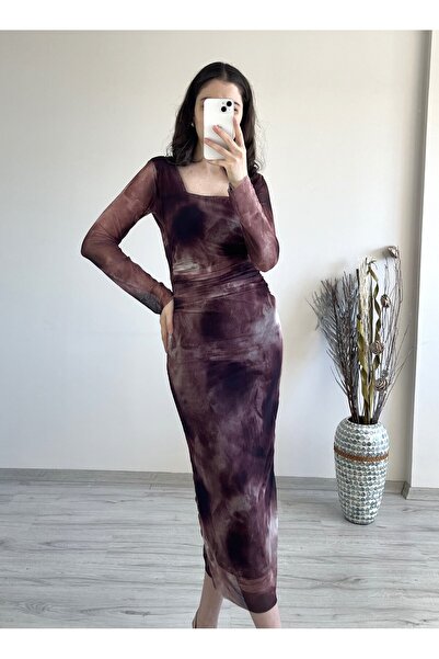 Aspendia Kadın Batik Desenli Drapeli Tül Elbise