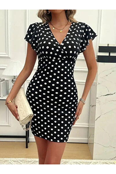 MİO Mdb Women's Short Sleeve Double Breasted Collar Knitted Polka Dot Crepe D...