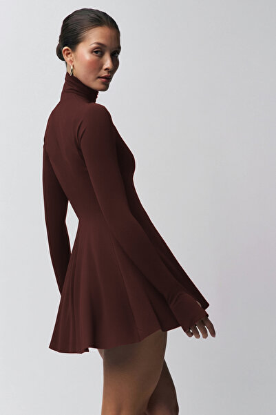 Edela Рибарска яка, отвор за палеца, дълъг ръкав, кафява, къса рокля 5091