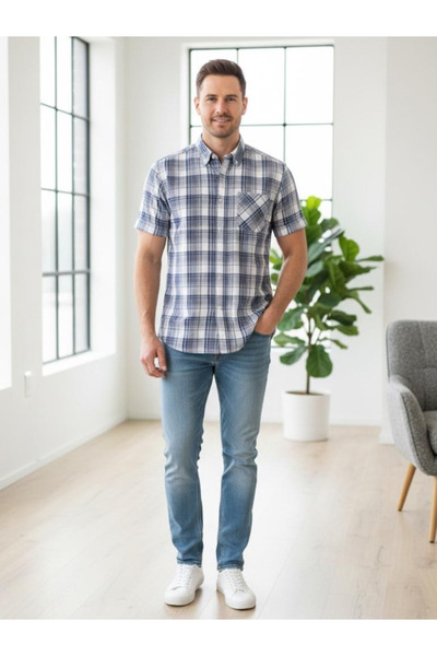 BERNEO قميص رجالي منقوش بأكمام قصيرة